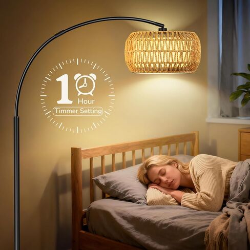 Arc Floor Lamp for Living Room, Rattan Boho Floor Lamp with Remote Control, Black Standing Lamp with 3 Color Temperatures & Dimmable LED Bulb, Tall Lamp for Bedroom, Over Couch Arched Reading Light in Saudi Arabia