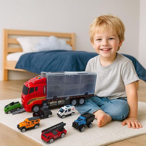 Emergency Vehicle Toy Set with Sounds and Lights, Fire Engine Vehicles in Carrier Truck, Mini Rescue Emergency Toy Trucks, Christmas Birthday Gifts for Over 3 Years Old Boys in Saudi Arabia