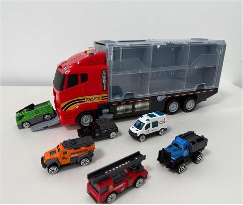 Emergency Vehicle Toy Set with Sounds and Lights, Fire Engine Vehicles in Carrier Truck, Mini Rescue Emergency Toy Trucks, Christmas Birthday Gifts for Over 3 Years Old Boys in Saudi Arabia