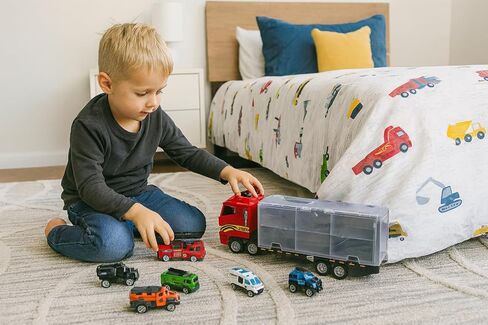 Emergency Vehicle Toy Set with Sounds and Lights, Fire Engine Vehicles in Carrier Truck, Mini Rescue Emergency Toy Trucks, Christmas Birthday Gifts for Over 3 Years Old Boys in Saudi Arabia
