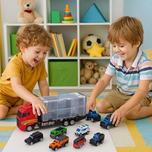 Emergency Vehicle Toy Set with Sounds and Lights, Fire Engine Vehicles in Carrier Truck, Mini Rescue Emergency Toy Trucks, Christmas Birthday Gifts for Over 3 Years Old Boys in Saudi Arabia