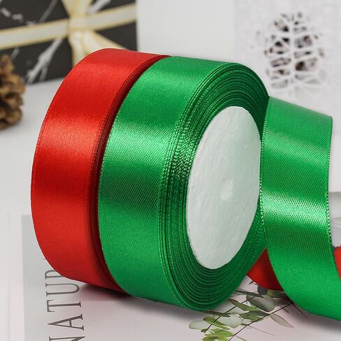 2 Rolls Christmas Ribbons, Red Green Xmas Satin Ribbons Fabric for Gift Wrapping and DIY Craft, Wedding, Wreath, Bow Making, Christmas Tree Decoration, 1 Inch Wide in Saudi Arabia
