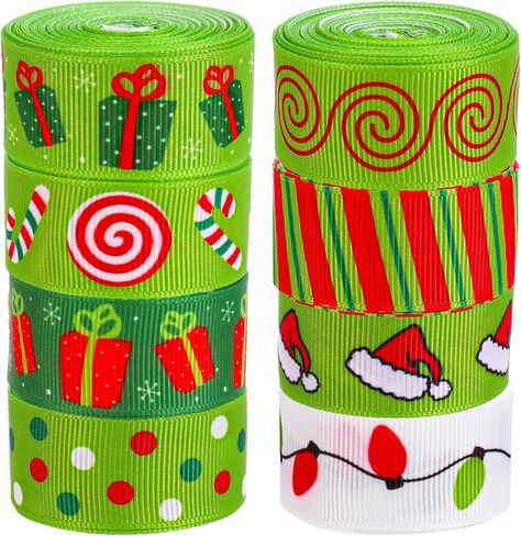 8 لفات عيد الميلاد أشرطة grosgrain 7/8 "أحمر أخضر عيد الميلاد حلوى قصب ضوء لمبة سانتا قبعة نقطة شريط النسيج الشريط الحرفية لقضاء عطلة عيد ميلاد إكليل القوس هدية التفاف ديكور الحفلات، 40 ياردة in Kuwait