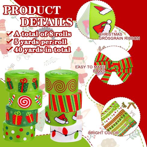 8 لفات عيد الميلاد أشرطة grosgrain 7/8 "أحمر أخضر عيد الميلاد حلوى قصب ضوء لمبة سانتا قبعة نقطة شريط النسيج الشريط الحرفية لقضاء عطلة عيد ميلاد إكليل القوس هدية التفاف ديكور الحفلات، 40 ياردة in Kuwait