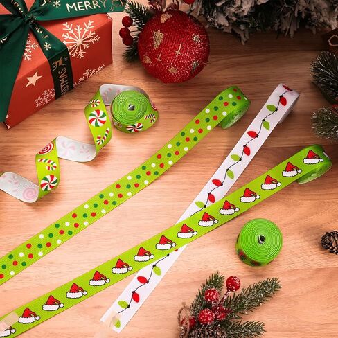 8 لفات عيد الميلاد أشرطة grosgrain 7/8 "أحمر أخضر عيد الميلاد حلوى قصب ضوء لمبة سانتا قبعة نقطة شريط النسيج الشريط الحرفية لقضاء عطلة عيد ميلاد إكليل القوس هدية التفاف ديكور الحفلات، 40 ياردة in Kuwait