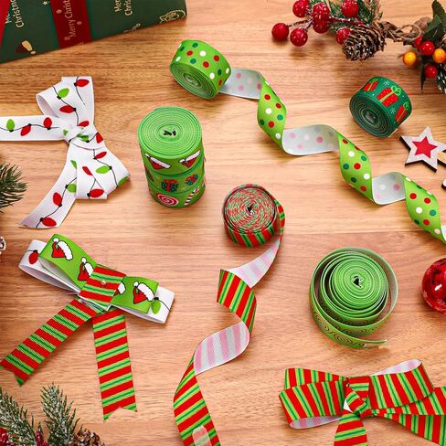 8 لفات عيد الميلاد أشرطة grosgrain 7/8 "أحمر أخضر عيد الميلاد حلوى قصب ضوء لمبة سانتا قبعة نقطة شريط النسيج الشريط الحرفية لقضاء عطلة عيد ميلاد إكليل القوس هدية التفاف ديكور الحفلات، 40 ياردة in Kuwait