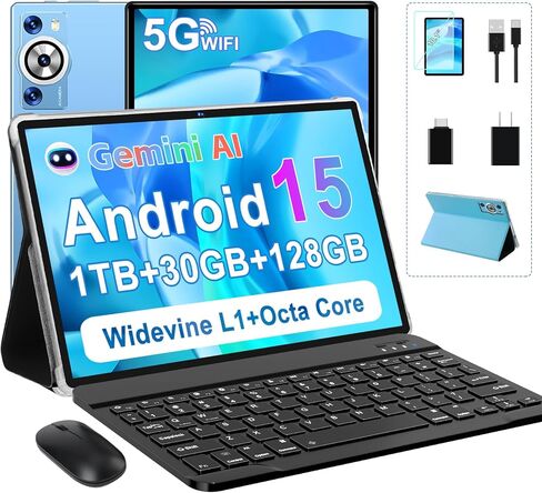 Android 14 Tablet 10.1 Inch 8000mAh Battery Tablets with 22GB RAM 128GB ROM 1TB Expand, Octa-Core HD Touchscreen Tablet with Keyboard, Mouse, Support Widevine L1, Split-Screen - Blue in Saudi Arabia
