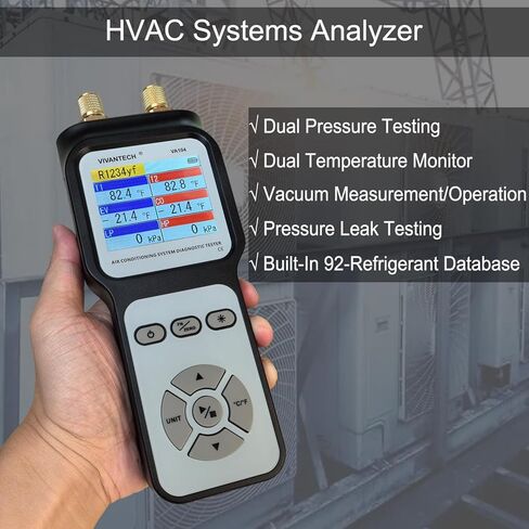 جهاز اختبار تشخيص نظام تكييف الهواء الاحترافي - مقياس HVAC ومحلل الضغط ودرجة الحرارة المزدوج مع قاعدة بيانات المبردات، واختبار الفراغ والتسرب لإصلاح مكيف الهواء في السيارات والمنزل، وشاشة ملونة in Kuwait