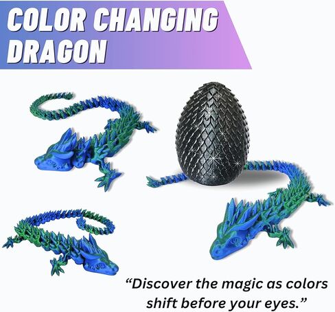 20" Articulated 3 Dimensional Printed Dragon – Color-Changing Fidget Figurine, Mythical Dragon Figure, Made in USA, 3D printed toys - Christmas stocking Stuffers (Blue/Green with Black Egg) in Saudi Arabia