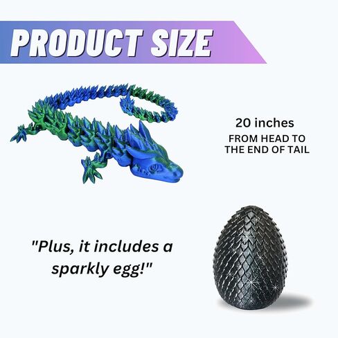20" Articulated 3 Dimensional Printed Dragon – Color-Changing Fidget Figurine, Mythical Dragon Figure, Made in USA, 3D printed toys - Christmas stocking Stuffers (Blue/Green with Black Egg) in Saudi Arabia