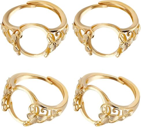Beebeecraft 1 Box 4Pcs Blank Ring Base 24K Gold Plated Flower Flat Round Pad Adjustable Prong Ring Setting with Oval Tray for DIY Jewelry Making in Saudi Arabia