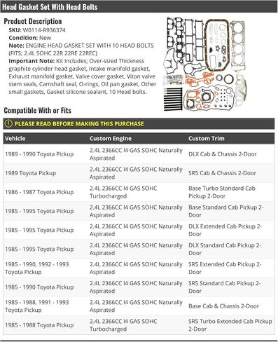 مجموعة حشية رأس أسطوانة الجرافيت مع مسامير الرأس - متوافقة مع 1985-1995 Toyota Pickup 2.4L SOHC 22R 22RE 22REC in Saudi Arabia