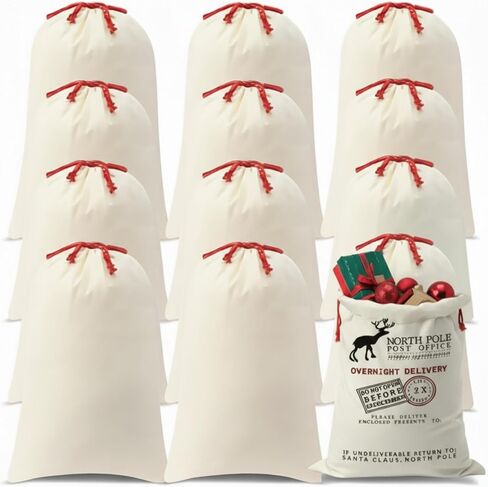 Abbylike 12 Pcs Santa Sublimation Blank Christmas Sacks with Drawstring Large Christmas Natural Cotton Heavy Duty Sack Laundry Bags for Xmas Gift Giving Sublimation Drawstring Bags 18.9 x 26.8 Inch in Saudi Arabia