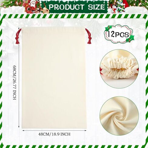 Abbylike 12 Pcs Santa Sublimation Blank Christmas Sacks with Drawstring Large Christmas Natural Cotton Heavy Duty Sack Laundry Bags for Xmas Gift Giving Sublimation Drawstring Bags 18.9 x 26.8 Inch in Saudi Arabia