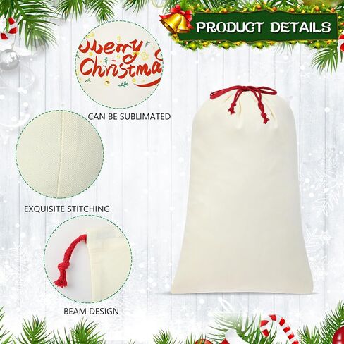 Abbylike 12 Pcs Santa Sublimation Blank Christmas Sacks with Drawstring Large Christmas Natural Cotton Heavy Duty Sack Laundry Bags for Xmas Gift Giving Sublimation Drawstring Bags 18.9 x 26.8 Inch in Saudi Arabia