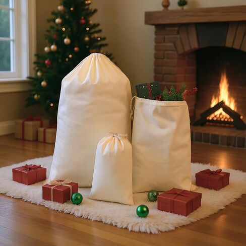 Abbylike 12 Pcs Santa Sublimation Blank Christmas Sacks with Drawstring Large Christmas Natural Cotton Heavy Duty Sack Laundry Bags for Xmas Gift Giving Sublimation Drawstring Bags 18.9 x 26.8 Inch in Saudi Arabia