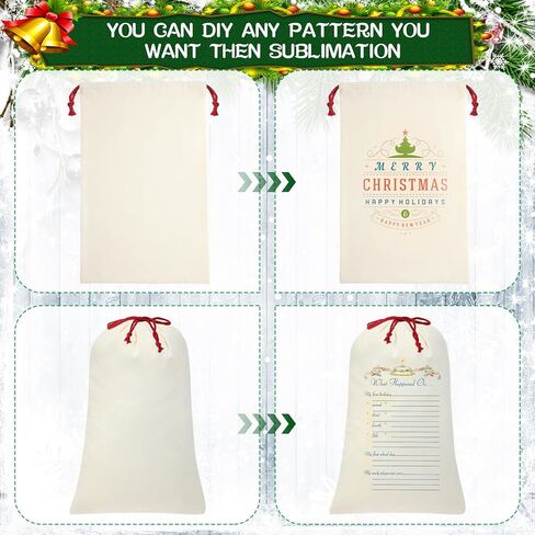 Abbylike 12 Pcs Santa Sublimation Blank Christmas Sacks with Drawstring Large Christmas Natural Cotton Heavy Duty Sack Laundry Bags for Xmas Gift Giving Sublimation Drawstring Bags 18.9 x 26.8 Inch in Saudi Arabia