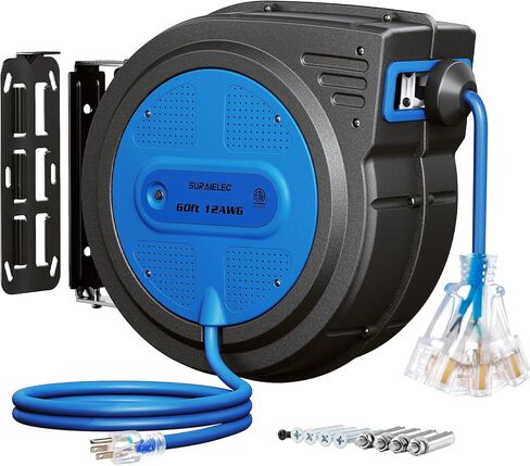 SURAIELEC 12 Gauge Extension Cord Reel, 60 FT Retractable Extension Cord, 12 AWG/3C SJTOW Heavy Duty Power Cord, 15 AMP Circuit Breaker, Lighted Triple Tap, Ceiling or Wall Mount, UL Listed in Kuwait