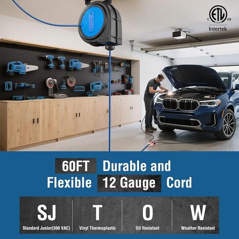 SURAIELEC 12 Gauge Extension Cord Reel, 60 FT Retractable Extension Cord, 12 AWG/3C SJTOW Heavy Duty Power Cord, 15 AMP Circuit Breaker, Lighted Triple Tap, Ceiling or Wall Mount, UL Listed in Kuwait