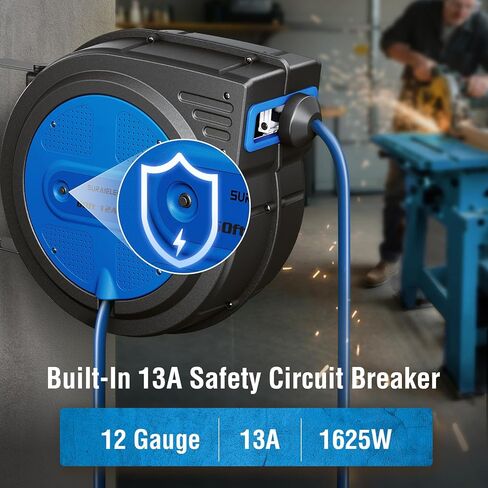 SURAIELEC 12 Gauge Extension Cord Reel, 60 FT Retractable Extension Cord, 12 AWG/3C SJTOW Heavy Duty Power Cord, 15 AMP Circuit Breaker, Lighted Triple Tap, Ceiling or Wall Mount, UL Listed in Kuwait