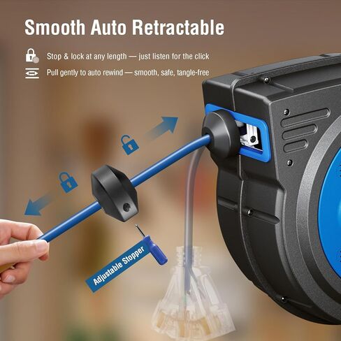 SURAIELEC 12 Gauge Extension Cord Reel, 60 FT Retractable Extension Cord, 12 AWG/3C SJTOW Heavy Duty Power Cord, 15 AMP Circuit Breaker, Lighted Triple Tap, Ceiling or Wall Mount, UL Listed in Kuwait