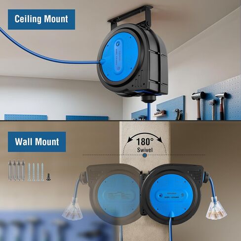 SURAIELEC 12 Gauge Extension Cord Reel, 60 FT Retractable Extension Cord, 12 AWG/3C SJTOW Heavy Duty Power Cord, 15 AMP Circuit Breaker, Lighted Triple Tap, Ceiling or Wall Mount, UL Listed in Kuwait