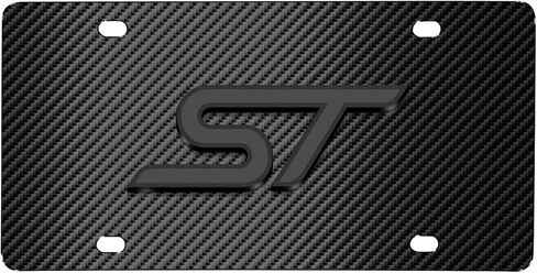 صورة iPick لشعار Ford Focus ST ثلاثي الأبعاد باللون الرمادي الداكن على لوحة ترخيص من الفولاذ المقاوم للصدأ بنمط ألياف الكربون الأسود - مرخصة رسميًا in Kuwait