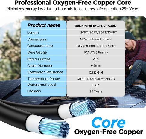 Mc4 Connector Extension Cable(20 Ft/10 AWG), 6mm² Oxygen-Free Pure Copper Core Wiring with Female & Male Waterproof Mc4 Connectors, Compatible with EcoFlow Solar Panel Systems, Set of 2 in Saudi Arabia