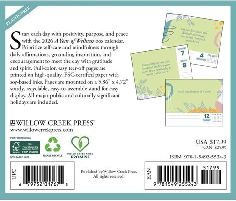 Willow Creek Press Box Calendar, A Year of Wellness 2026 5.4" x 6.2" Box Calendar in Saudi Arabia