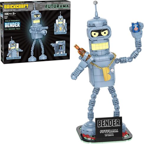 Brickcraft Futurama Bender Brick Building Kit | 396-Piece Posable Robot Figure with Gold Chain & Drinks | Sci-Fi Collectible Display Model, Holiday for Adults, Teens & Animated TV Fans in Saudi Arabia