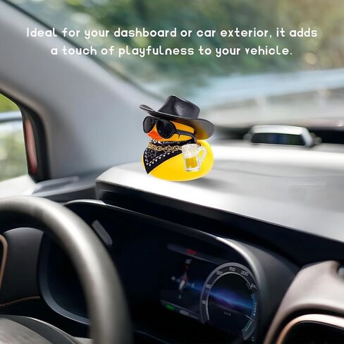 Rubber Duck Car Ornaments, Funny Auto Dashboard Decoration with Hat Necklace Sunglasses Scarf, Cool Western Cowboy Duck Doll Cute Accessories for Vehicles Offices Homes (Black) in Saudi Arabia