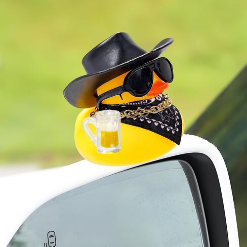 Rubber Duck Car Ornaments, Funny Auto Dashboard Decoration with Hat Necklace Sunglasses Scarf, Cool Western Cowboy Duck Doll Cute Accessories for Vehicles Offices Homes (Black) in Saudi Arabia