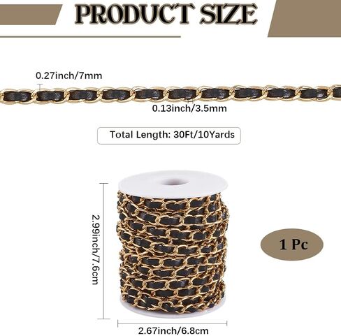 10 Yard x 7MM PU Leather Chain Strap for Women Purse Making Thin Gold Chain Roll String Strip with Black Leather for Jewelry DIY Crafting Supplies Shoulder Bag Handbag Wallet Handle Making in Saudi Arabia