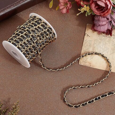 10 Yard x 7MM PU Leather Chain Strap for Women Purse Making Thin Gold Chain Roll String Strip with Black Leather for Jewelry DIY Crafting Supplies Shoulder Bag Handbag Wallet Handle Making in Saudi Arabia