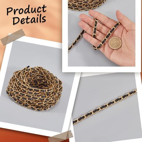 10 Yard x 7MM PU Leather Chain Strap for Women Purse Making Thin Gold Chain Roll String Strip with Black Leather for Jewelry DIY Crafting Supplies Shoulder Bag Handbag Wallet Handle Making in Saudi Arabia