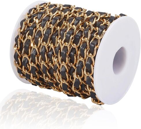 10 Yard x 7MM PU Leather Chain Strap for Women Purse Making Thin Gold Chain Roll String Strip with Black Leather for Jewelry DIY Crafting Supplies Shoulder Bag Handbag Wallet Handle Making in Saudi Arabia