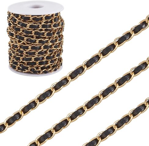 10 Yard x 7MM PU Leather Chain Strap for Women Purse Making Thin Gold Chain Roll String Strip with Black Leather for Jewelry DIY Crafting Supplies Shoulder Bag Handbag Wallet Handle Making in Saudi Arabia