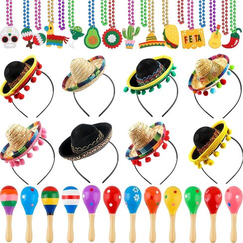 Mexican Cinco De Mayo Fiesta Party Favors Includes Mini Fabric Straw Sombrero Headbands, Wooden Maracas, Necklaces for Mexican Party Decorations Photo Props in Saudi Arabia