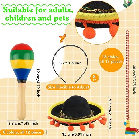 Mexican Cinco De Mayo Fiesta Party Favors Includes Mini Fabric Straw Sombrero Headbands, Wooden Maracas, Necklaces for Mexican Party Decorations Photo Props in Saudi Arabia