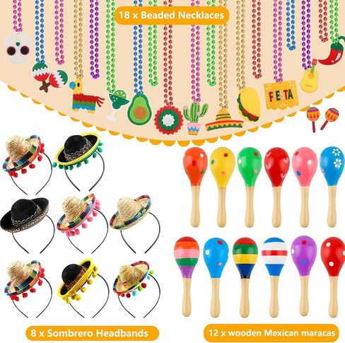 Mexican Cinco De Mayo Fiesta Party Favors Includes Mini Fabric Straw Sombrero Headbands, Wooden Maracas, Necklaces for Mexican Party Decorations Photo Props in Saudi Arabia