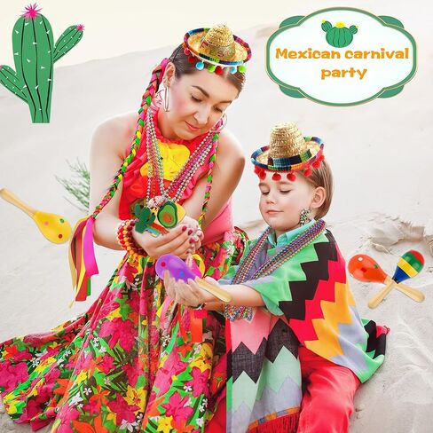 Mexican Cinco De Mayo Fiesta Party Favors Includes Mini Fabric Straw Sombrero Headbands, Wooden Maracas, Necklaces for Mexican Party Decorations Photo Props in Saudi Arabia