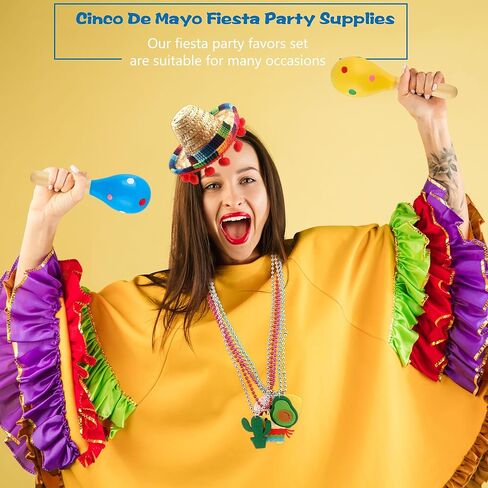 Mexican Cinco De Mayo Fiesta Party Favors Includes Mini Fabric Straw Sombrero Headbands, Wooden Maracas, Necklaces for Mexican Party Decorations Photo Props in Saudi Arabia