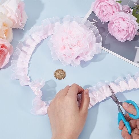BENECREAT 10 Yards Pink Organza Ruffled Pleated, 1.57 Inch Organza Ruffled Fabric Lace Fabric Trim for Halloween Sewing Dress Bag Costume Decoration Trimming Craft in Saudi Arabia