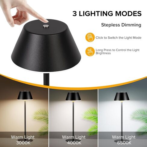 مصابيح طاولة لاسلكية، مصباح LED يعمل بالبطارية القابلة لإعادة الشحن مع ارتفاعين قابلين للتعديل و3 ألوان تعتيم بدون خطوات، مصباح مكتبي لاسلكي للتحكم باللمس للمطعم والحانات والمقاهي (مجموعة سوداء من 1) in Kuwait