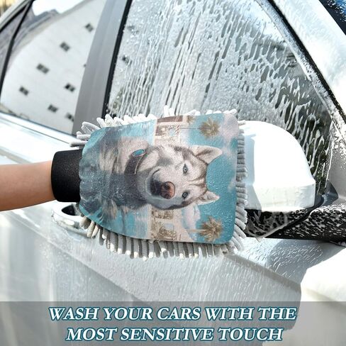 AIXIWAWA Car Wash Mitt Washing Glove Scratch Free Water Absorbent 2 Pack Large Husky Pool Print in Kuwait