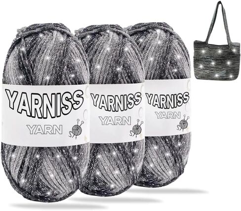 Yarniss Sparkle Crochet Yarn for Knitting, 2.5mm Round Hollow Cotton Yarn with Metallic for Crochet Bag 3 Skeins of 100g/82yds(Black) in Saudi Arabia