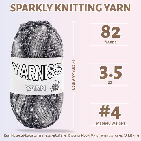 Yarniss Sparkle Crochet Yarn for Knitting, 2.5mm Round Hollow Cotton Yarn with Metallic for Crochet Bag 3 Skeins of 100g/82yds(Black) in Saudi Arabia