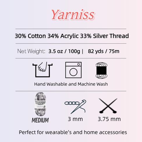 Yarniss Sparkle Crochet Yarn for Knitting, 2.5mm Round Hollow Cotton Yarn with Metallic for Crochet Bag 3 Skeins of 100g/82yds(Black) in Saudi Arabia