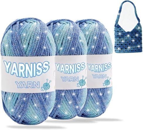 Yarniss Sparkle Crochet Yarn for Knitting, 2.5mm Round Hollow Cotton Yarn with Metallic for Crochet Bag 3 Skeins of 100g/82yds(Black) in Saudi Arabia