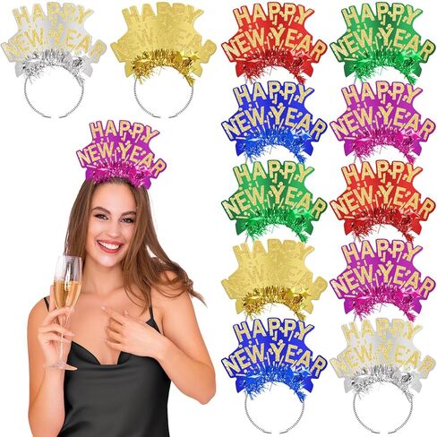 Hanaive 12 Pcs Happy New Year Headband Gold Silver Tiara Tinsel Photo Booth Props Decor for 2026 New Years Eve Party Supplies(Colorful) in Saudi Arabia